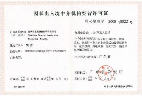 因私出入境中介机构经营许可证